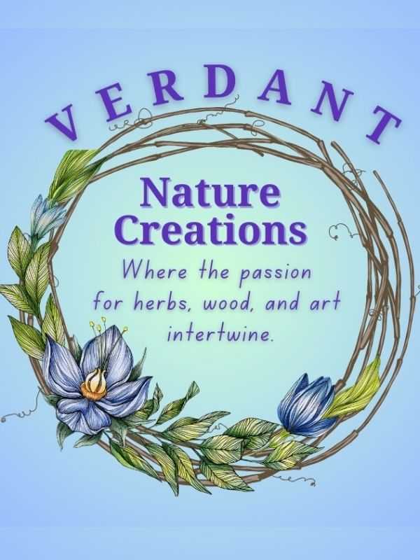 Verdant Nature Creations logo with flowers, herbs, and art tagline in a wreath design.