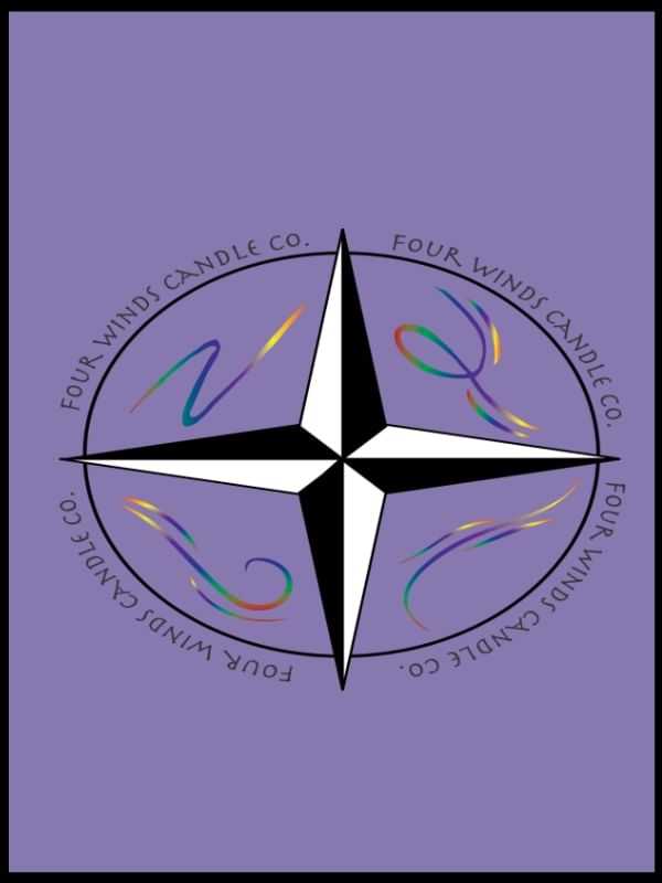 Compass rose with colorful swirls and "Four Winds Candle Co." text on a purple background.